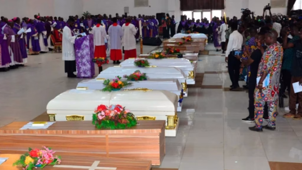 Coffins of the Catholics killed on June 5, 2022, at St. Francis Xavier Parish in the city of Owo, Nigeria. | Credit: Diocese of Ondo